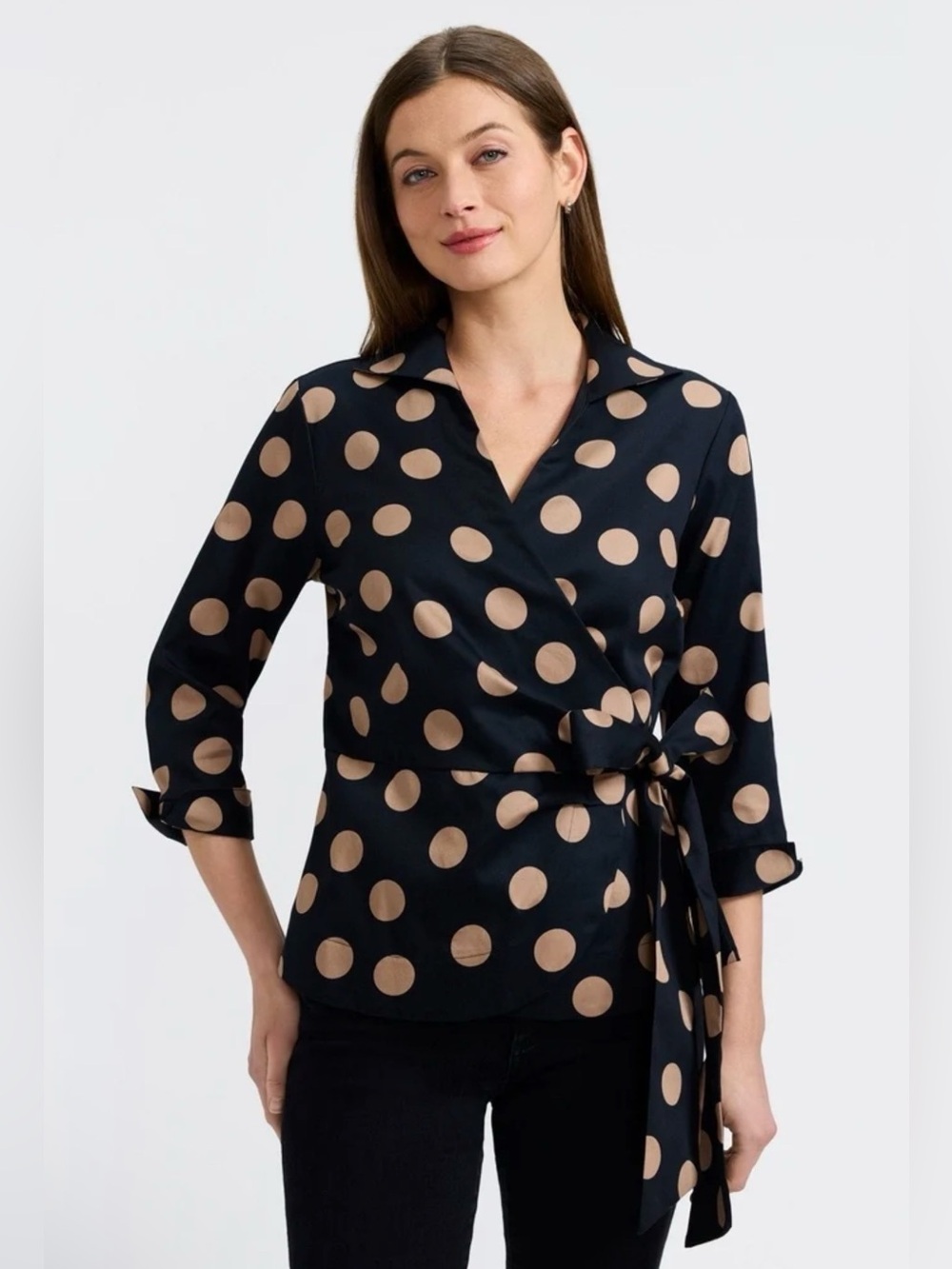 Foxcroft Salina Wrap Shirt Black/Almond Polka Dot 3/4 Sleeve Shirt size small